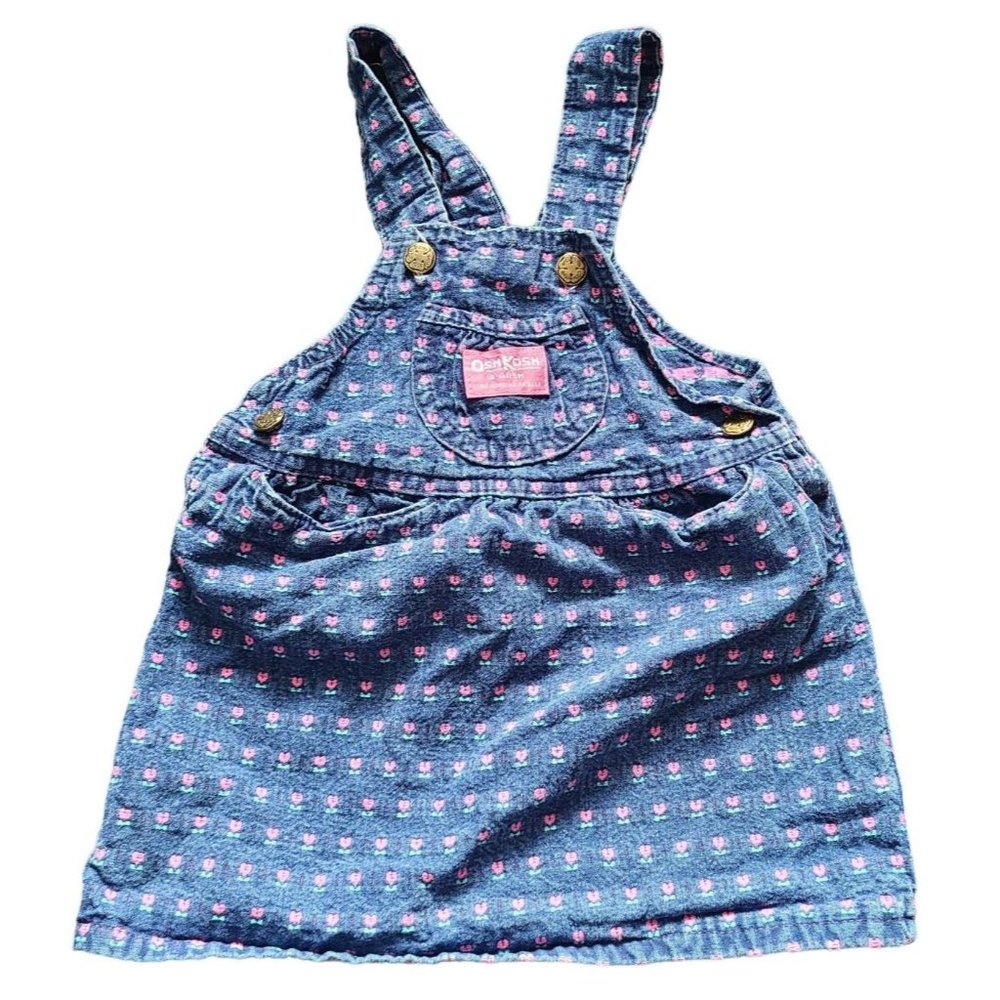 Vintage OshKosh B’Gosh Denim Genuine Vestbak Floral Overalls Dress Made In USA